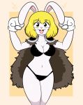  anthro blonde_hair bra breasts cape carrot_(one_piece) cleavage clothed clothing female fur gloves hair handwear hi_res kabula_(artist) lagomorph leporid looking_at_viewer mammal minkmen_(one_piece) navel one_piece panties rabbit smile solo teeth underwear white_body white_fur 