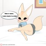  1:1 absurd_res aggressive_retsuko bed blush canid canine clothing english_text female fennec fenneko fox furniture genitals hi_res laying_on_bed looking_at_viewer mammal phone pussy sanrio sataenart smile solo text url 