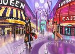  anthro black_body black_fur brown_coat canid canine casino clothing fox fur fur_markings lucky_star_(character) male mammal markings outside public red_body red_fur walking 