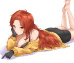  1girl absurdres ass bare_shoulders bike_shorts breasts cardigan cleavage dola_(nijisanji) eyebrows_visible_through_hair gloves highres hinataa large_breasts long_hair long_sleeves looking_at_viewer lying nijisanji on_stomach red_eyes red_hair simple_background solo virtual_youtuber white_background 