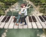  1boy 1girl black_hair blue_footwear bridge brown_footwear brown_hair green_eyes hood hoodie hug long_sleeves original outdoors river short_hair yajirushi_(chanoma) 