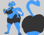  2020 4_toes 5:4 5_fingers :3 absurd_res anthro averagecrimson bangs bell bell_collar belly belly_overhang big_breasts big_butt biped black_clothing black_eyes blue_hair blunt_bangs bottomwear breasts butt cleavage clothed clothing collar crop_top curvy_figure deep_navel dessert domestic_cat eyeshadow felid feline felis female fingers food footwear freckles grey_background hair hi_res huge_butt ice_cream ice_cream_cone looking_at_viewer makeup mammal midriff milki_max navel no_pupils noseless ponytail rear_view sandals shirt shorts simple_background slightly_chubby solo standing tank_top thick_thighs tight_clothing toes topwear voluptuous wide_hips 