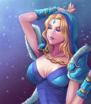  1girl blonde_hair blue_dress blue_eyes bracer breasts crystal_maiden defense_of_the_ancients dota_2 dress hand_up large_breasts lips long_hair looking_away manicure no_bra rylai_(dota) rylai_crestfall seed01010 snowflakes solo 