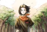  1boy android android_17 bandana black_hair blue_eyes dragon_ball dragon_ball_z forest highres long_sleeves male_focus medium_hair nature neckerchief open_mouth red_ribbon_army shirt short_hair signature solo surprised t-shirt tree upper_body user_pkav2242 wide-eyed wind 