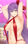  1girl armpits arms_behind_head arms_up bangs bare_shoulders bb_(fate)_(all) bb_(fate/extra_ccc) blush breasts closed_mouth collarbone fate/extra fate/extra_ccc fate_(series) hair_ribbon highres large_breasts licking_lips long_hair looking_at_viewer navel nohohon_pictures purple_eyes purple_hair red_ribbon red_swimsuit ribbon slingshot_swimsuit smile swimsuit tongue tongue_out very_long_hair 