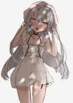  1girl alternate_costume amatsukaze_(kantai_collection) brown_eyes chigasaki_y collarbone commentary_request cowboy_shot dappled_sunlight dress frilled_dress frills hair_down hat highres kantai_collection leaning_to_the_side long_hair looking_at_viewer open_mouth panties see-through side-tie_panties silver_hair simple_background solo sundress sunlight two_side_up underwear white_background white_dress 
