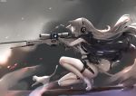  1girl ai_arctic_warfare animal animal_ear_fluff animal_ears artist_name awp_(girls_frontline)_(dyolf) bandaged_arm bandages bare_shoulders black_gloves black_jacket bolt_action cat cat_ears cat_girl cat_tail commentary_request dress floating_hair fur-trimmed_jacket fur_trim girls_frontline gloves glowing gun headphones highres holding holding_gun holding_weapon holster jacket jacket_on_shoulders knife long_hair nekoya_(liu) original rifle shoe_soles shoes signature sleeveless sleeveless_jacket smoke sniper_rifle sniper_scope solo squatting tail thigh_holster tiptoes very_long_hair weapon white_cat white_dress white_footwear white_hair 