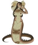  accessory anthro balancing_on_tail belly_scales big_breasts breasts brown_body brown_eyes brown_hair brown_scales cobra curvaceous curvy_figure digital_media_(artwork) female full-length_portrait genitals hair hi_res long_hair looking_at_viewer naga narikusha navel navel_piercing nipple_piercing nipples non-mammal_breasts nude piercing portrait pussy reptile scales scalie serpentine shy simple_background smile snake solo spikes standing surface_piercing voluptuous white_background 