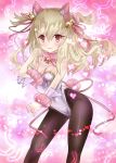  1girl animal_ears bangs bare_shoulders bell blonde_hair blush breasts brown_legwear cat_ears closed_mouth covered_navel eyelashes fate/kaleid_liner_prisma_illya fate_(series) feathers hair_ornament hair_scrunchie heart highleg highleg_leotard highres illyasviel_von_einzbern jingle_bell leotard long_hair looking_at_viewer mezashi_gohan pantyhose pink_background red_eyes scrunchie small_breasts smile sparkle thighs two_side_up white_leotard wrist_scrunchie 