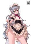  1girl :d absurdres alternate_costume blush_stickers breasts brown_eyes de_tonation double_bun dress dress_lift enmaided g11_(girls_frontline) girls_frontline grey_hair highres lifted_by_self long_hair looking_at_viewer maid maid_headdress open_mouth simple_background smile solo very_long_hair white_background 