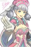  1girl :d blue_eyes breasts cape cleavage gloves hat head_wings looking_at_viewer marfrey medium_breasts melia open_mouth silver_hair simple_background smile solo upper_body white_background white_gloves xenoblade_(series) xenoblade_1 