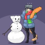  ... 1:1 anthro blue_eyes blue_hair breath carrot clothed clothing equid equine felid female food hair handwear hi_res horse hybrid limebreaker mammal mittens pantherine plant scarf snowman solo stripes tiger vegetable winter_clothing 