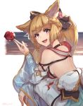  1girl animal_ears backless_outfit blonde_hair breasts candy_apple food from_behind granblue_fantasy japanese_clothes kimono looking_back odd_(hin_yari) pink_eyes ponytail sideboob squatting wide_sleeves yuisis_(granblue_fantasy) yukata 