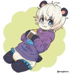  2019 anthro black_body black_fur blue_eyes blush bodily_fluids clothing cup diaper fur genital_fluids giant_panda hair hi_res hoodie looking_at_viewer male mammal ruugiaruu sippie_cup solo topwear urine ursid wet_diaper wetting white_body white_fur white_hair young 