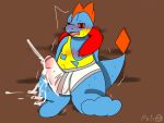  4:3 anthro bodily_fluids clothing croconaw cum cum_on_ground cum_on_leg cum_on_underwear cumshot ejaculation genital_fluids hi_res male nintendo petro_(artist) pok&eacute;mon pok&eacute;mon_(species) solo underwear video_games 