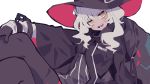  122pxsheol 1girl arknights bangs black_gloves black_legwear cat_girl fang gloves hat haze_(arknights) highres looking_at_viewer red_legwear simple_background solo teeth thighhighs white_background witch_hat yellow_eyes 