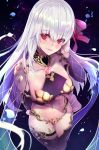  1girl armlet armor bangs bikini_armor blush bracelet breasts collar detached_sleeves dress earrings fate/grand_order fate_(series) floral_print flower hair_ribbon highres jewelry kama_(fate/grand_order) large_breasts long_hair looking_at_viewer lotus metal_collar navel parted_lips pelvic_curtain petals purple_dress purple_legwear purple_sleeves red_eyes ribbon ring silver_hair smile thighhighs thighlet thighs untue 