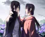  2boys black_hair brothers cape cloak closed_mouth field flower flower_field hand_on_another&#039;s_cheek hand_on_another&#039;s_face height_difference hood hoodie hydrangea jewelry long_hair male_focus medium_hair multiple_boys naruto naruto_(series) naruto_shippuuden necklace ninja ponytail short_hair siblings smile tied_hair uchiha_itachi uchiha_sasuke usagishi 
