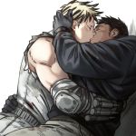  2boys aikawa_(dorohedoro) alternate_costume bara black_hair black_hoodie blonde_hair blush closed_eyes couple dorohedoro facial_mark gloves hand_on_another&#039;s_head hand_on_another&#039;s_waist hug kiss long_sleeves male_focus multicolored_hair multiple_boys mutual_hug pants risu_(dorohedoro) steel_peach tattoo torn_clothes torn_sleeves waist_hug white_background yaoi 