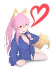  1girl absurdres animal_ear_fluff animal_ears artist_request bottomless breasts cleavage collarbone commentary commentary_request eyebrows_visible_through_hair fang fate/extella fate/extra fate/extra_ccc fate/grand_order fate_(series) fox_ears fox_girl fox_tail heart highres large_breasts looking_at_viewer lying on_side open_clothes pink_hair simple_background skin_fang solo tail tamamo_(fate)_(all) tamamo_no_mae_(fate) white_background yellow_eyes 