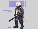  anthro black_boots black_bottomwear black_clothing black_jacket black_pants blue_eyes bottomwear canid canine clothing cloudcat full-length_portrait fur gloves gun handwear hi_res looking_at_viewer male mammal pants portrait ranged_weapon red_gloves shirt signature simple_background solo standing straps topwear weapon white_body white_clothing white_fur white_shirt white_topwear zipper 