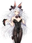  1girl absurdres animal_ears ass_visible_through_thighs azur_lane bangs bare_shoulders black_footwear black_gloves black_legwear black_leotard black_ribbon blush breasts brown_eyes bunny_ears closed_mouth collar collarbone commentary_request detached_collar eyebrows_visible_through_hair fake_animal_ears gloves hair_ribbon half_gloves hands_up high_heels highres holding holding_footwear holding_shoes iron_cross large_breasts leotard mole mole_on_breast multicolored_hair pantyhose parted_bangs prinz_eugen_(azur_lane) red_eyes ribbon shoe_removed shoes silver_(chenwen) silver_hair simple_background solo strapless strapless_leotard streaked_hair thigh_gap white_background white_collar wing_collar wrist_cuffs 