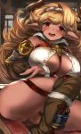  1girl bare_shoulders blonde_hair blush boots breasts dark_skin donna_(granblue_fantasy) draph earrings granblue_fantasy headband highres horns huge_breasts jewelry long_hair looking_at_viewer maou_(maoudaisukiya) messy_hair open_mouth pointy_ears red_eyes smile solo thigh_boots thighhighs thighs very_long_hair 