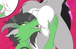  14:9 anthro anthro_on_anthro black_hair canid canine canis close-up cunnilingus dragon duo fangs female female/female fur green_body green_scales grey_body grey_fur hair hi_res horn licking mammal nude oral scales scalie sex tongue tongue_out vaginal white_body white_fur wolf xheten 