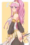  1girl ass blush braid closed_mouth fire_emblem fire_emblem_awakening from_side hairband highres holding long_hair looking_to_the_side olivia_(fire_emblem) pink_eyes pink_hair ponytail rere_(yusuke) see-through simple_background solo twin_braids 