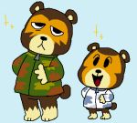  2020 animal_crossing anthro black_nose brown_body brown_fur chibi clothing duo fur ike_(animal_crossing) male mammal mike_cubes nintendo poko_(animal_crossing) shirt simple_background slightly_chubby topwear ursid video_games 