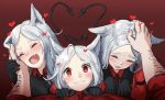  1boy 3girls animal_ears bent_over black_gloves black_neckwear black_pants black_vest cerberus_(helltaker) collared_shirt commentary demon_girl demon_tail dog_ears dog_girl fangs girl_on_top gloves happy heart heart-shaped_pupils helltaker helltaker_(character) ippers long_hair looking_at_viewer multiple_girls necktie neckwear open_mouth pants petting puffy_sleeves red_eyes red_shirt shirt siblings sisters symbol-shaped_pupils tail tongue triplets very_long_hair vest white_hair 
