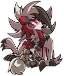  2018 3_fingers 3_toes alpha_channel ambiguous_gender anthro black_claws black_nose blue_eyes brown_body brown_fur claws fangs feral fingers fur hair happy lycanroc midnight_lycanroc nintendo open_mouth open_smile pink_nose pok&eacute;mon pok&eacute;mon_(species) red_body red_fur rockruff simple_background sitting smile softkeychains toe_claws toes tongue transparent_background tuft video_games white_body white_fur white_hair 