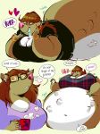 2017 anthro belly big_belly big_breasts bodily_fluids breasts brown_body brown_fur brown_hair burping clothing cup d._e._belton_(artist) drooling english_text eyewear female fur glasses group hair hand_imprint imprint monroe_(character) obese overweight saliva shirt simple_background speech_bubble text topwear vore 