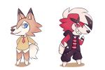  3:2 animal_crossing anthro banbam420 black_nose blue_eyes bow_tie brown_body brown_fur clothing fur hair lycanroc midday_lycanroc midnight_lycanroc nintendo pok&eacute;mon pok&eacute;mon_(species) red_body red_eyes red_fur sharp_teeth short_hair slit_pupils smile standing teeth video_games white_body white_fur white_hair 