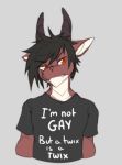  anixis anthro clothed clothing conditional_dnp dragon hi_res horn humor male mars_incorporated narrowed_eyes red_eyes scalie shirt solo stated_heterosexuality topwear twix 