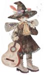  1boy amano_sizuku boots brown_eyes brown_hair dandelion_seed flower full_body guitar hair_over_one_eye hat hat_feather hat_flower highres instrument long_sleeves male_focus moomin pipe scroll simple_background snufkin solo standing white_background 