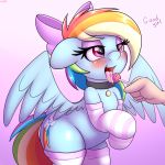  1:1 absurd_res an-tonio blush bodily_fluids bow candy clothing collar equid equine female feral food friendship_is_magic hi_res legwear licking lollipop mammal my_little_pony pegasus rainbow_dash_(mlp) saliva solo_focus thigh_highs tongue tongue_out wings 