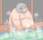 2019 anthro bathing belly blush clothing eulipotyphlan eyewear glasses kemono male mammal mole_(animal) overweight overweight_male sitting solo toshi_(artist) underwear water 