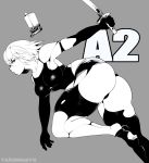  1girl android ass blue_eyes breasts commentary drone english_commentary highres holding holding_sword holding_weapon joints katana medium_breasts mole mole_under_mouth nier_(series) nier_automata pod_(nier_automata) robot_joints running short_hair solo_focus spot_color sword taiger thick_thighs thighs toes weapon yorha_type_a_no._2 