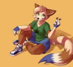  5_fingers anthro bottomwear brown_body brown_fur canid canine clothing digital_media_(artwork) female fingers fluffy fluffy_tail footwear fox fur handwear hi_res long_tail mammal ruribec shoes simple_background sitting sneakers solo topwear 