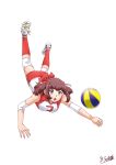  1girl absurdres artist_name bangs brown_eyes brown_hair commentary diving elbow_pads full_body girls_und_panzer headband highres knee_pads kondou_taeko medium_hair motion_blur open_mouth outstretched_arm red_headband red_legwear red_shirt red_shorts satou_yasu shirt shoes short_shorts shorts signature simple_background single_vertical_stripe sleeveless sleeveless_shirt sneakers socks solo sportswear volleyball volleyball_uniform white_background white_footwear 