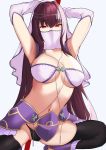  1girl armpits arms_behind_head arms_up bangs bare_shoulders black_legwear breasts bushidokuroi cleavage detached_sleeves fate/grand_order fate_(series) gae_bolg hair_intakes highres large_breasts long_hair looking_at_viewer mouth_veil navel polearm purple_hair red_eyes scathach_(fate)_(all) scathach_(fate/grand_order) simple_background spear thighhighs thighs veil weapon white_background 