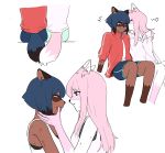  &lt;3 absurd_res anthro auxinouskii blue_eyes blue_hair brand_new_animal brown_body brown_fur canid canine clothed clothing female female/female fluffy fluffy_tail fox fur hair hi_res jacket kemono kissing long_hair mammal michiru_kagemori multiple_positions nazuna_hiwatashi pink_body pink_fur pink_hair raccoon_dog shirt simple_background sitting studio_trigger tank_top tanuki topwear white_background white_body white_fur 