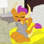  1:1 bed bedroom bottomless clothed clothing dragon eyes_closed friendship_is_magic furniture hi_res kneeling my_little_pony open_mouth smolder_(mlp) smudge_proof solo yawn young 