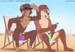  anthro blue_eyes bulge canid canine canis clothed clothing domestic_dog duo fur gesture hand_on_bulge hi_res justin_turner male mammal outside pointing public shiuk sitting speedo swimwear theodore_cooper tongue topless ursid 
