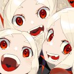  3girls :d animal_ears blush cerberus_(helltaker) collared_shirt commentary demon_girl dog_ears dog_girl fang fangs formal hamelon310 heart helltaker highres long_hair looking_at_viewer matching_outfit multiple_girls open_mouth red_background red_eyes red_pupils red_shirt shirt siblings silver_hair simple_background sisters smile triplets white_hair 