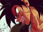  1boy anger_vein angry armor berserker_rage black_hair broly_(dragon_ball_super) dragon_ball dragon_ball_super dragon_ball_super_broly fang male_focus mu_gai muscle saliva short_hair simple_background solo spiked_hair teeth white_background yellow_eyes 