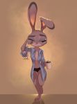  2020 anthro barefoot clothed clothing disney female fur grey_body grey_fur hi_res holding_cup holding_object judy_hopps lagomorph leporid light lighting mammal open_shirt panties rabbit relaxable relaxablefur seam_(sewing) shirt simple_background solo tired topwear underwear walking zootopia 