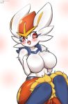  absurd_res anthro blush breasts cinderace female front_view fur genitals hi_res kyodashiro lagomorph mammal navel nintendo nude open_mouth pok&eacute;mon pok&eacute;mon_(species) pussy red_eyes simple_background solo teeth text tongue url video_games white_background white_body white_fur 