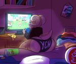  2020 animal_crossing anthro bed bedroom big_butt book bookshelf butt chips_(food) clothed clothing controller digital_media_(artwork) female food furniture game_controller gaming hi_res holding_controller holding_object hoodie inside joaoppereiraus joycon_controller kobold nintendo nintendo_controller nintendo_switch on_bed picture_frame piko pillow pizza playing_videogame short_stack sitting solo television topwear underwear video_games villager_(animal_crossing) 